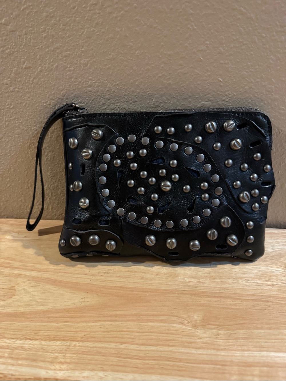 Patricia Nash Black Studded Leather Wristlet Clutch with Silver Accents